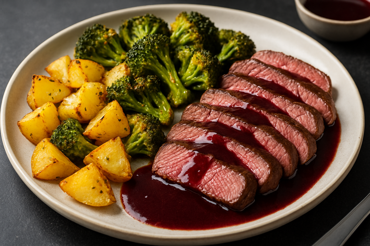 Steak with Red Wine Sauce, Potatoes & Oven-Baked Broccoli image
